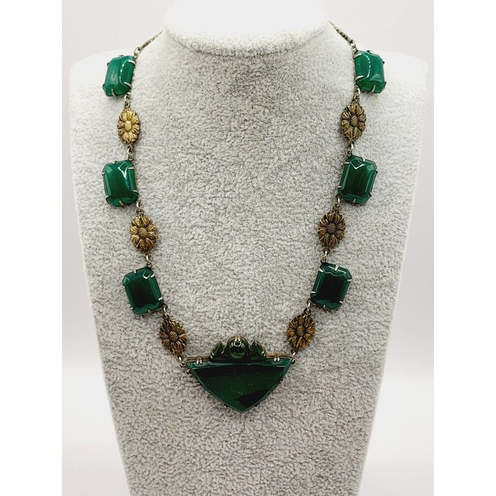 Antique Signed Germany Sterling Art Deco Chrysoprase Necklace (A469)
